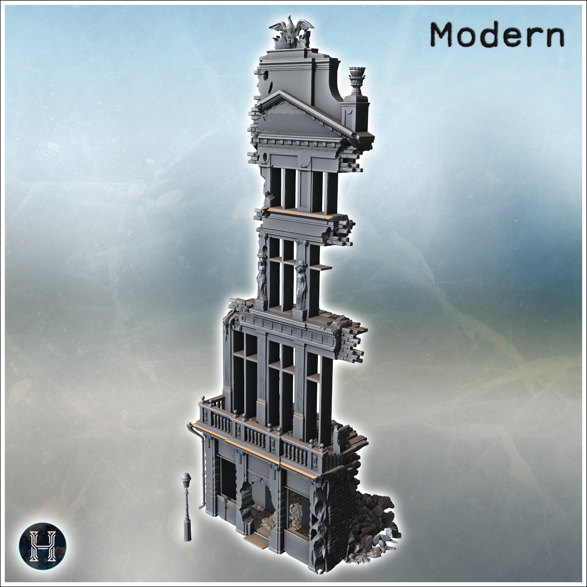 Tall narrow building with a gothic rooftop, ornate statues, and heavy damage to structural elements (7) - Modern WW2 WW1 World War Diaroma Wargaming RPG Mini Hobby